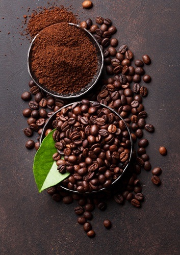 Coffee beans and ground powder